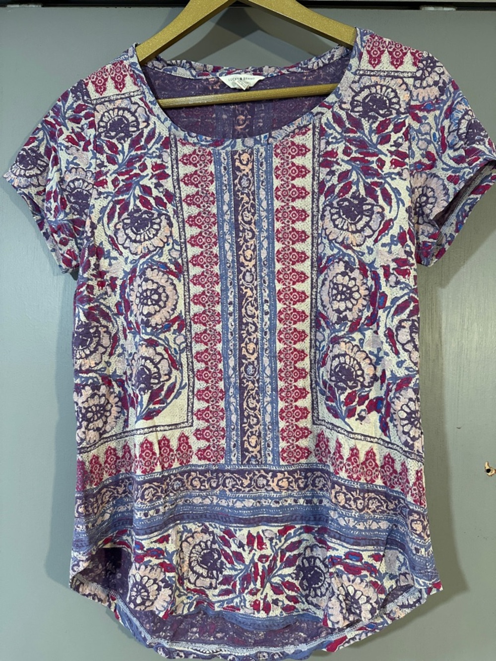 Lucky Brand Boho Floral Border Print Blouse Purple Short Sleeve Top - Picture 3 of 4